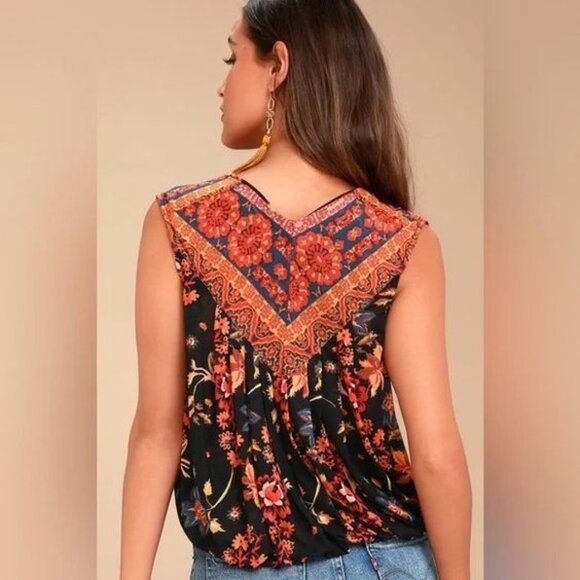Free People Havana Black Floral Print Sleeveless Surplice Top Size Small - Picture 4 of 14